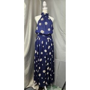 Navy Blue Cream Polka Dot Halter Neck Maxi Dress Flowy Summer Vacation